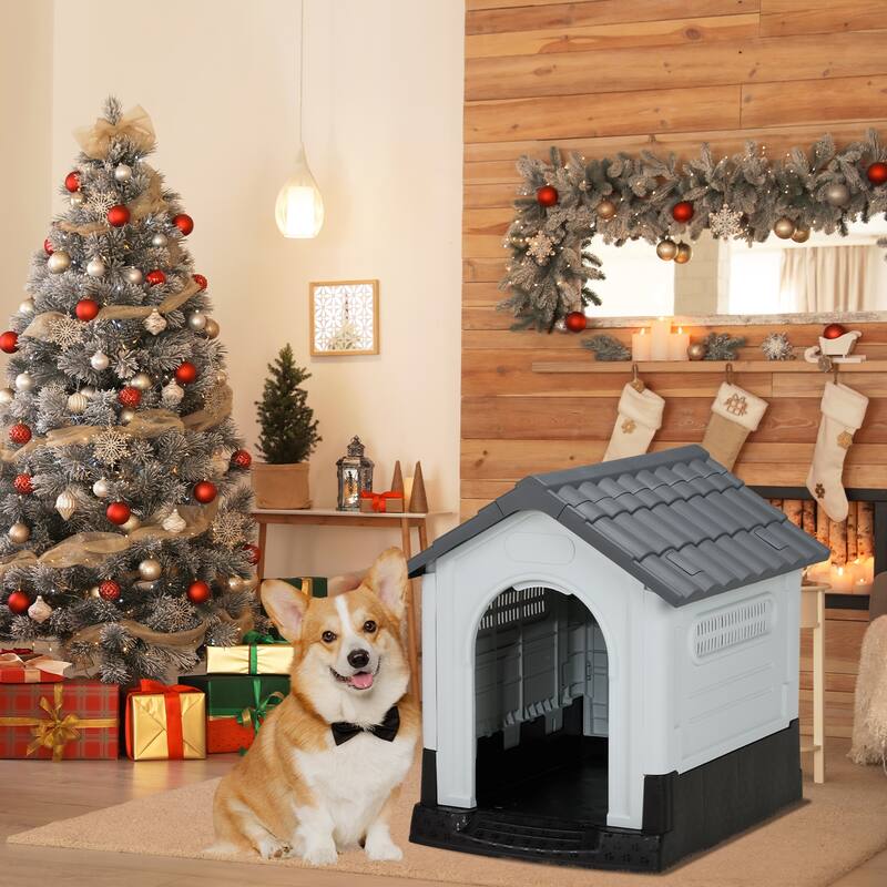 Plastic Dog House with Air Vents, Elevated Floor, Insulated Outdoor Indoor Kennel for Small Dogs