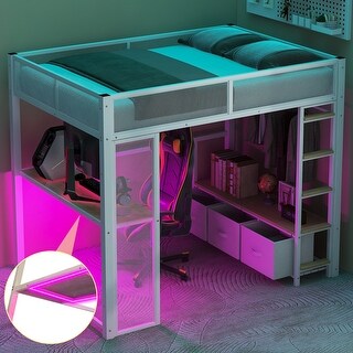 Metal Space-saving Gaming Loft Bed with LED, Desk, Open Wardrobe and 3 Linen Storage Drawers, Full Size, Black