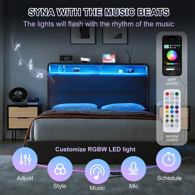 Upholstered Platform Bed With Charging Station & LED Lights