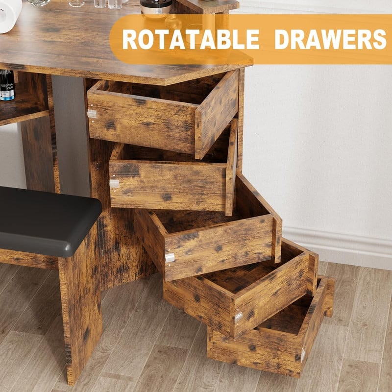 Makeup Vanity with Lights, Power Outlets, Tri-Fold Mirror, 5 Rotating Drawers, Stool