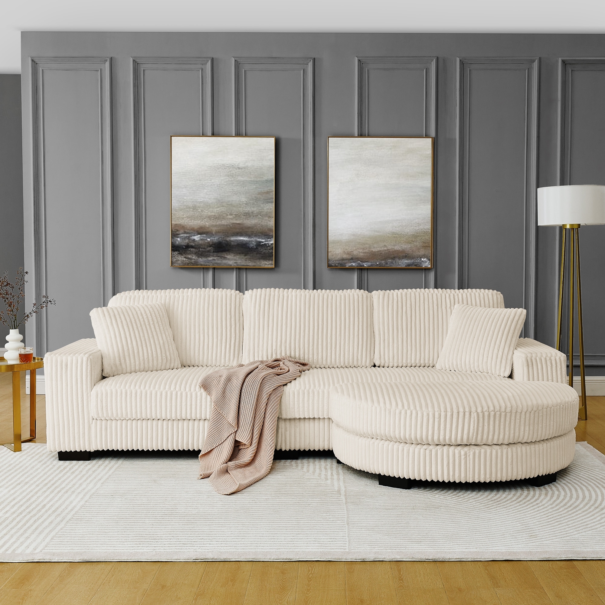 Corduroy Tufted Upholstered Sleeper Sectional Sofa, L-Shaped Modular Convertible Sofa with Moon-shaped Ottoman