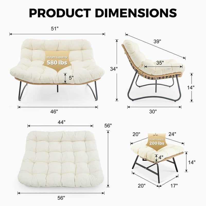 FINCATI 2-Person Outdoor/Indoor Papasan Lounge Egg Chair Loveseat, Oversized 51" Patio Club Chair with 5.5" Cushion