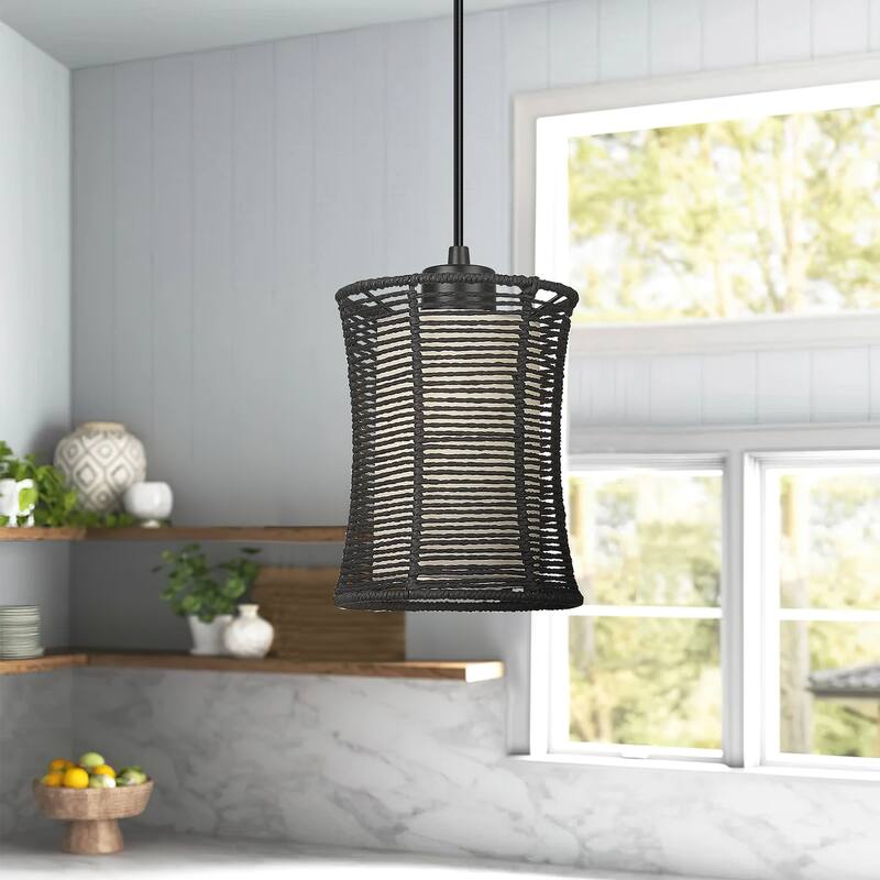Woven Pendant Light, 1-Light Cylinder Ceiling Lighting for Kitchen Island with Fabric and Rattan Shade