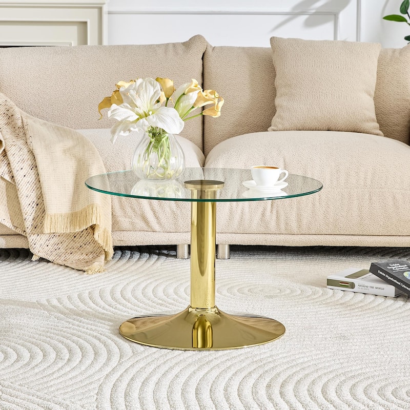 Roomfitters 27.5-Inch Round Tempered Glass Coffee Table, Metal Base, Circular Center Table, Modern Minimalist - Gold,Transparent