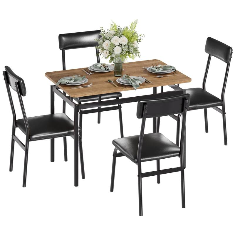 5 Piece Dining Table Set for 4, Small Industrial Kitchen Table with PU Padded Chairs & Metal Frames - Black