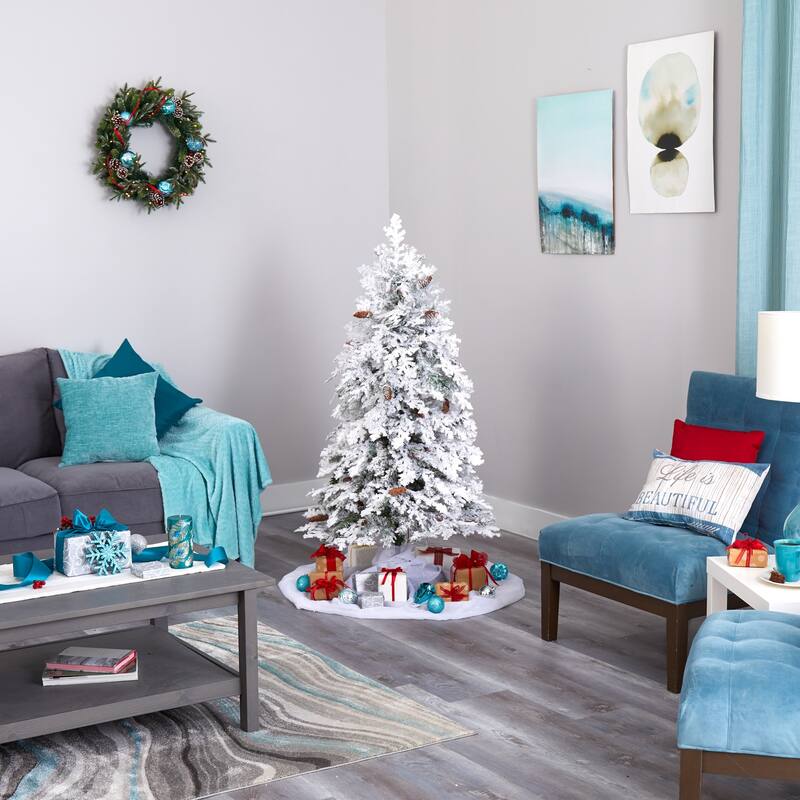 5' Montana Spruce Flocked Artificial Christmas Tree, Clear LED Lights - 5 Foot