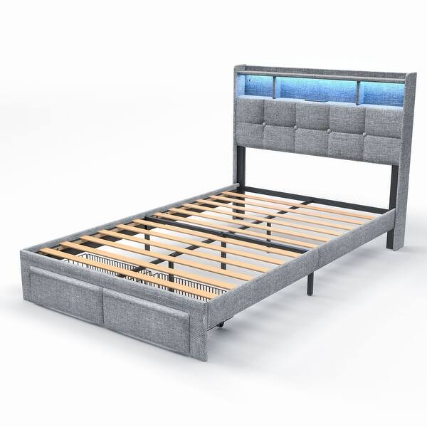 slide 2 of 23, Full Size Upholstered Bed Frame with LED Lights and Charging Ports, Storage Headboard with Shelves Light Grey