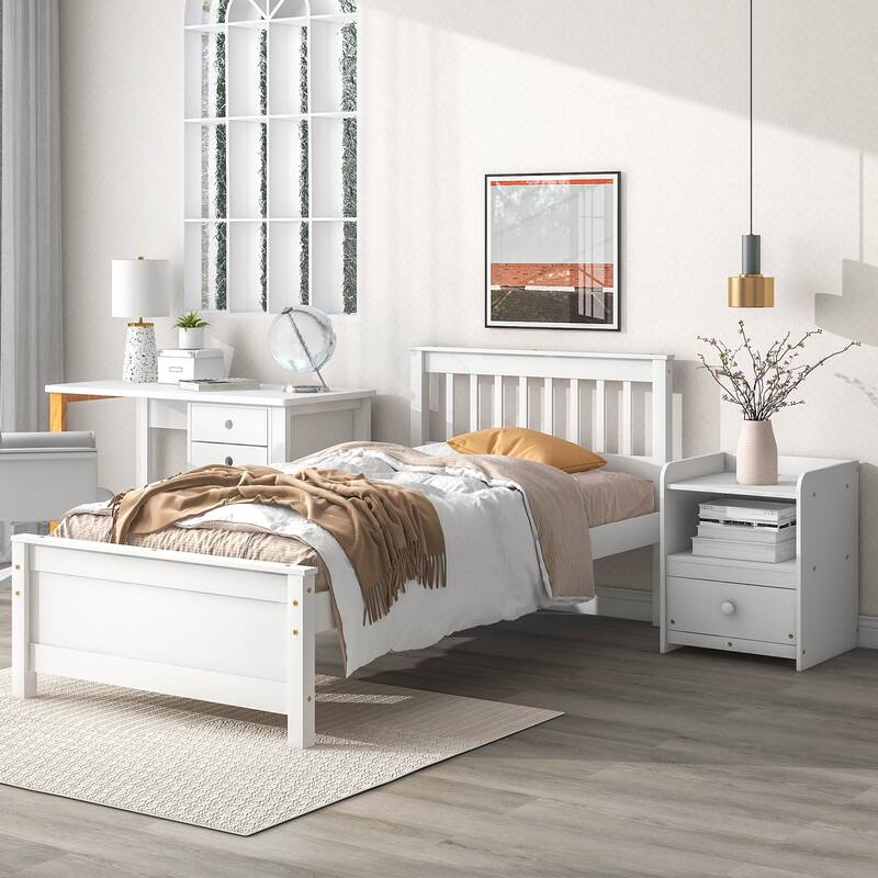 Twin Size Wooden Platform Bed with Headboard and Footboard - White - Twin