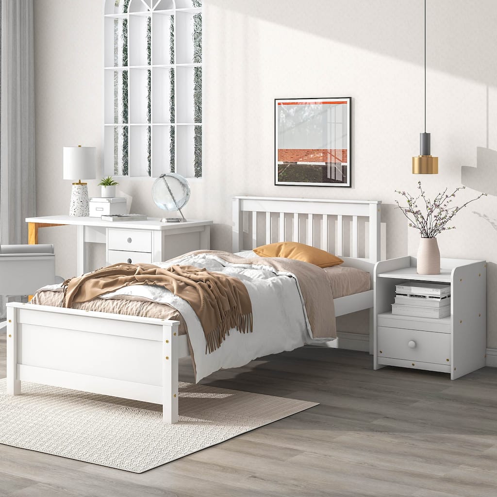 White Pine Twin Bed with Slatted Headboard and Nightstand
