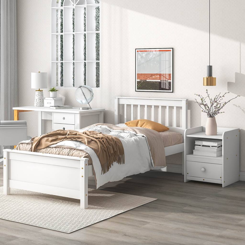 White Twin Size Platform Pine Wooden Bed with Headboard & Footboard