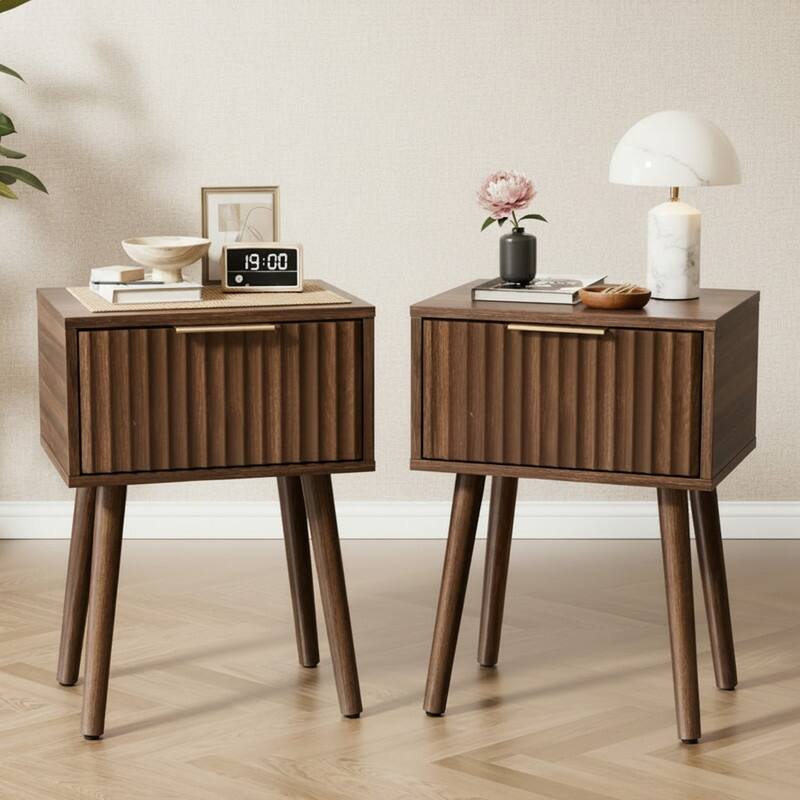 15.7"W Nightstand, Particleboard & MDF, Melamine & Vacuum Forming, 1 Drawer, High Leg (2 Pcs) - Walnut