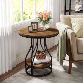 2-Tier Faux Marble Round End Side Table, Modern Nightstand