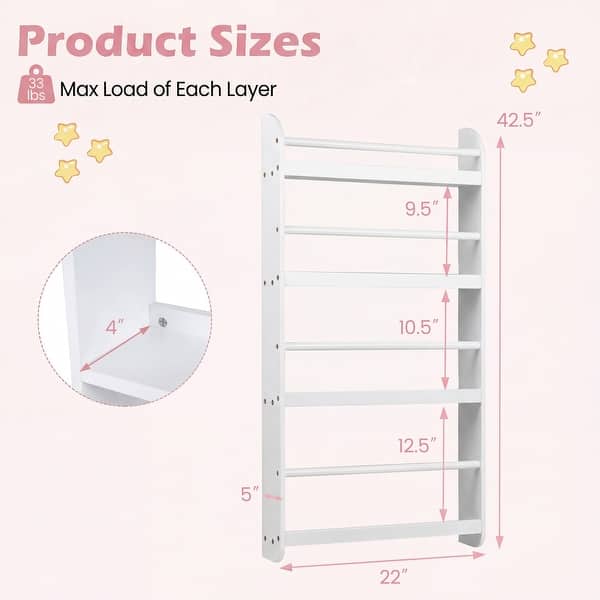 dimension image slide 0 of 2, Costway Kids Bookshelf, 4-Tier Wall Mounted Book Shelf for Toys,