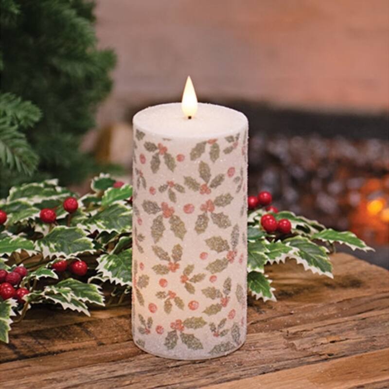 Holiday Holly & Berries LED Timer Pillar Candle, 6-In - 3" x 3" x 6"