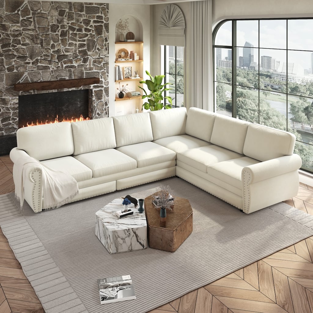 118" L-Shaped Chenille Sofa with Nailhead Trim and Pull Out Bed