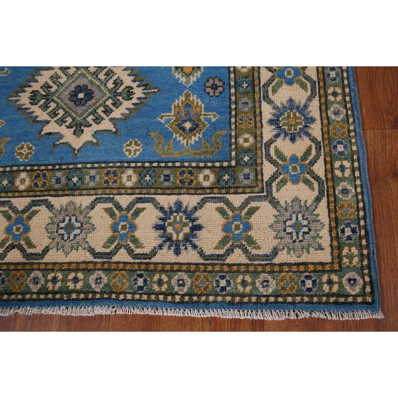 Blue Geometric Kazak Rug Handmade Oriental Wool Carpet - 3'4" x 5'0"