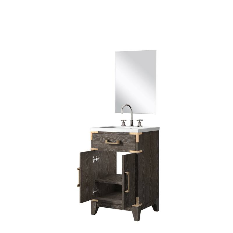 20 in. Black Oak Vanity with Acrylic Countertop, 18 in. Mirror, and Chrome Gooseneck Faucet Set - Compact Bathroom Sink