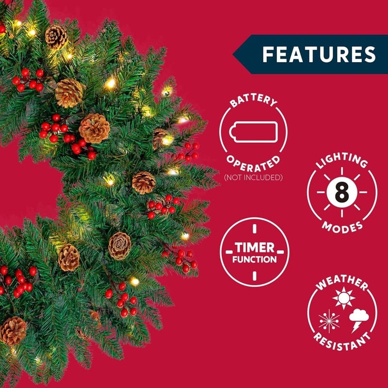 9 ft. Tall Green Plastic Prelit Artificial Christmas Garland with 100 LED Lights, Pine Cones and Red Berries