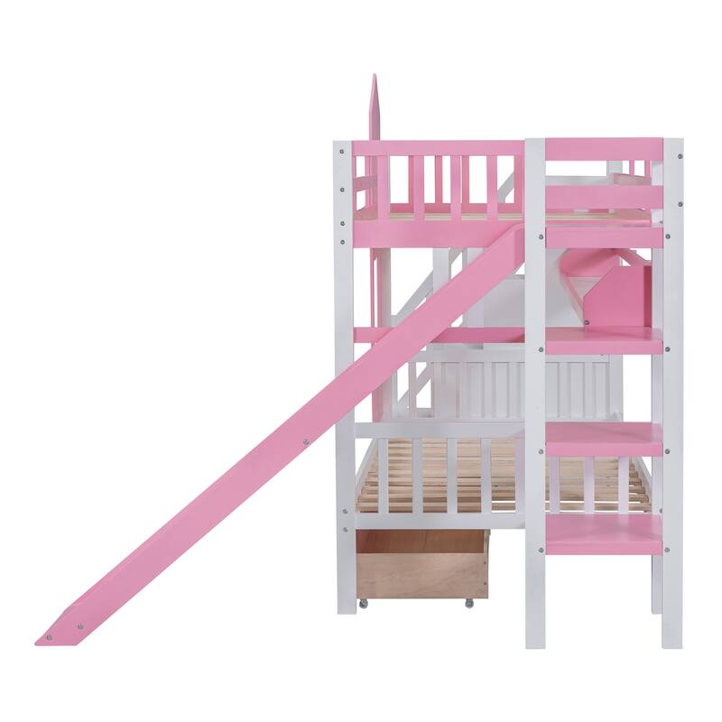 Pink Twin-Over-Twin Castle Bunk Bed with Drawers, Shelves, and Slide