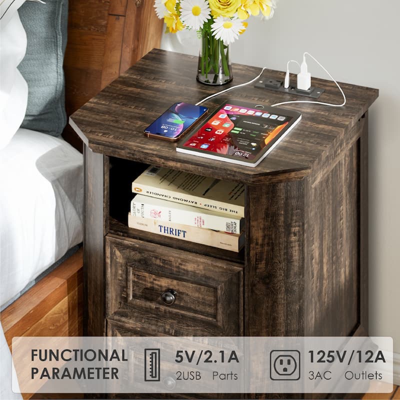 Farmhouse Nightstand with Charging Station and Versatile Storage