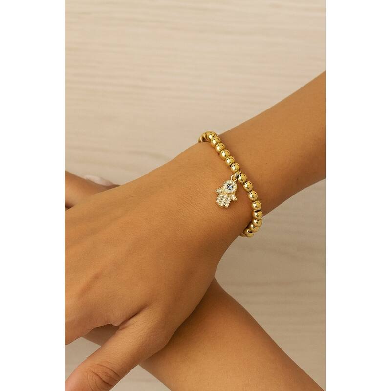 Dangling Hamsa Charm Polished Bead Stretch Bracelet - Gold