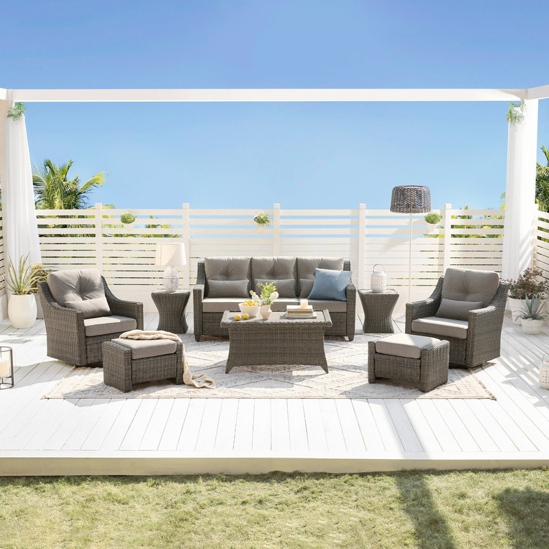 Spruce & Spring Murphy Outdoor Wicker Patio Outdoor Sofa Swivel Chair Coffee Table