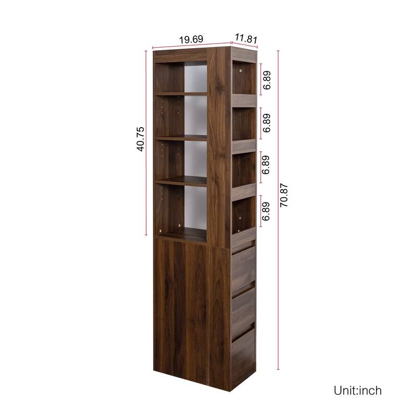 70.87" Height Modern Bookcase - 4-Tier Shelf with 3 Side Drawers & 4 Display Shelves - Tall Wooden Storage Cabinet