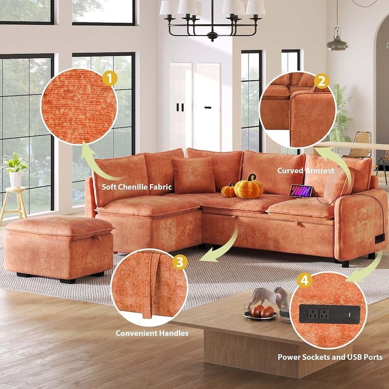 Modern Pull-Out Sleeper Sectional Sofa Bed with Storage Storage Ottoman