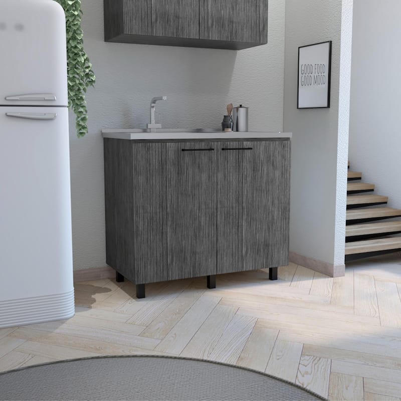Napoles-2 39" Wide Double Door Utility Sink Stainless steel - N/A - White - Smokey Oak