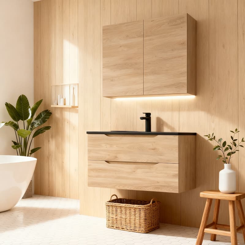 RupheonD 24"-48" Floating Bath Vanity in Evita Oak with Black Quartz Top