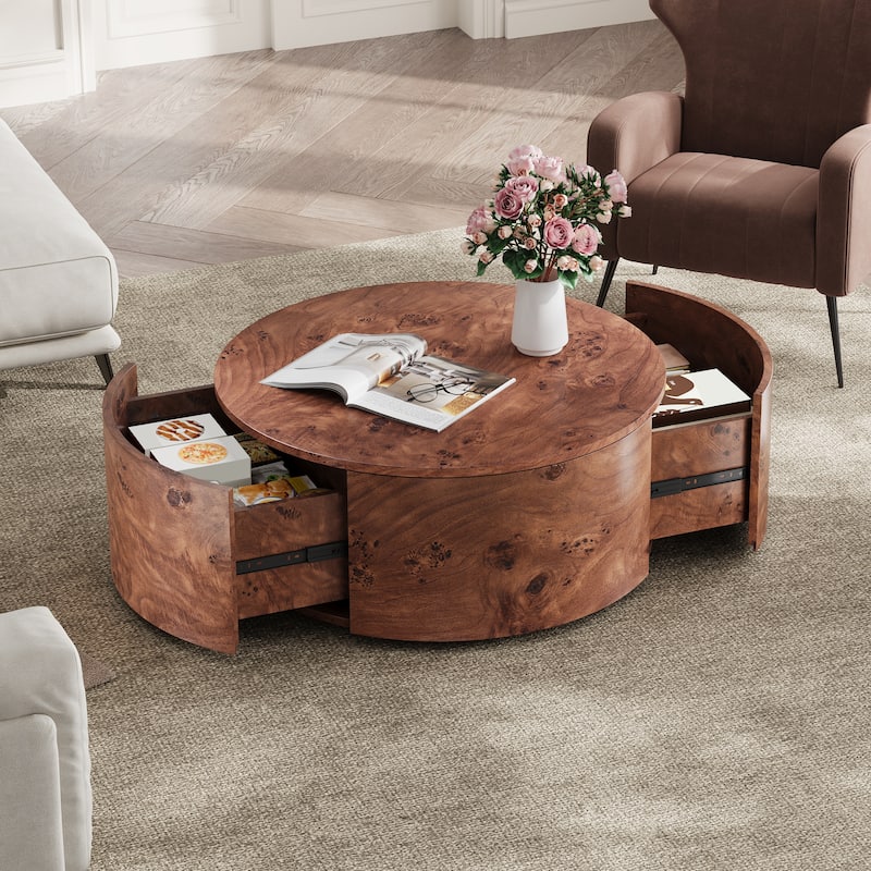 Rotating Coffee Table with Drawers, Rustic Wood Table with 360掳 Swivel Top & 2 Hidden Storage, Modern Walnut Accent Table