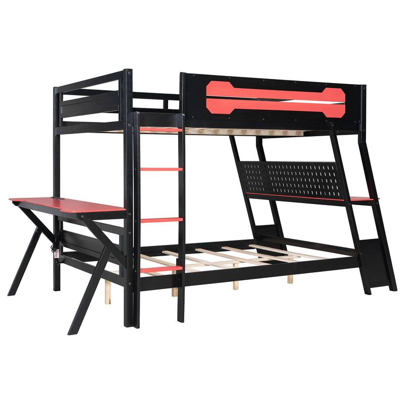 Full Size Bunk Bed with Two Built-In Gaming Desks, USB Desktop Ports & Pegboard Organizer, Gaming Bunk Frame