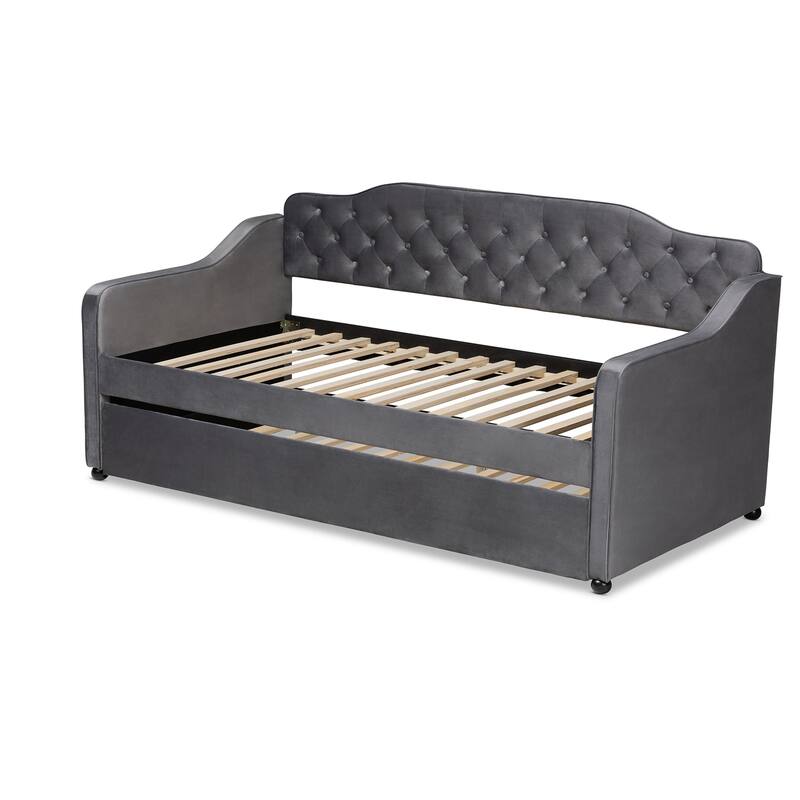 Grey Upholstered Twin Daybed with Trundle, Pleated Textured Fabric and Sleek Design for Modern Guestroom Use