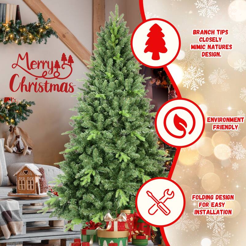 Classic Christmas Tree - PE/PVC Tips, Realistic Hinged Branches, Full Natural Look, Metal Stand - Green