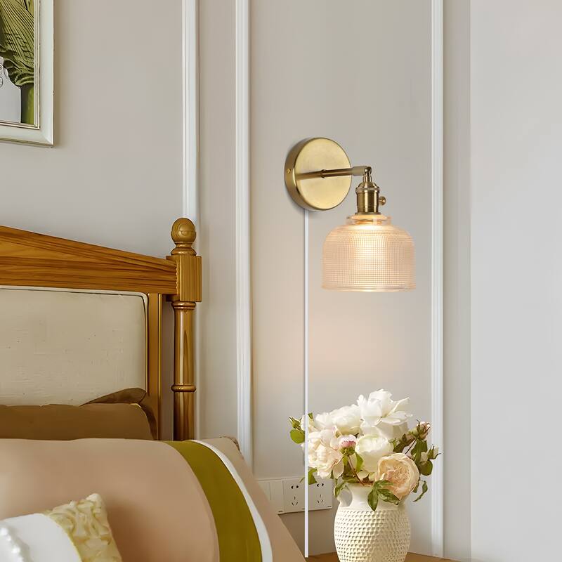1-Light Gold Bathroom Light Fixtures Glass Wall Sconce - Plug in