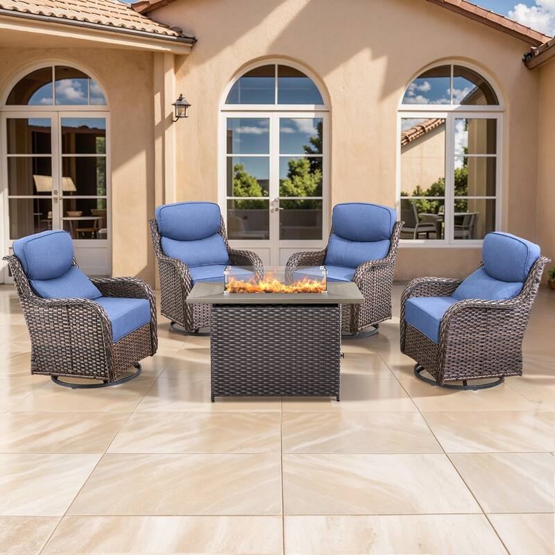 Pocassy Outdoor 6 Inch Sofa Chair Ottoman with Fire Pit Table Set - Brown Wicker Blue Cushion - 5 Pieces Swivel Chair with Fire Table