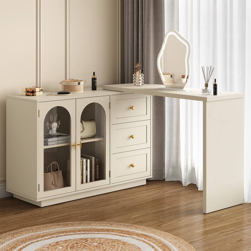 Extendable Makeup Vanity Desk with 3 Drawers & 2 Doors