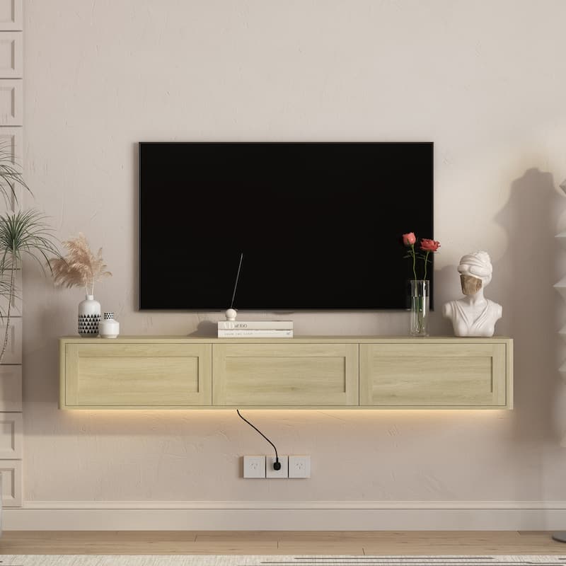 Floating LED TV Stand for Living Room, Wall Mounted TV Console Table with Power Outlet
