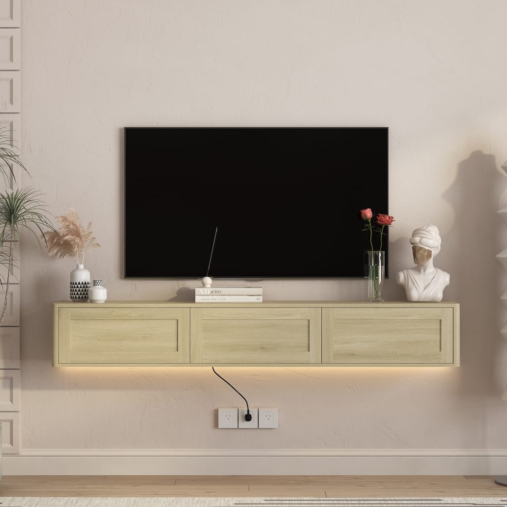 Wall Mounted TV Stand, High Gloss Floating TV Stand with LED Lights & Power Outlet