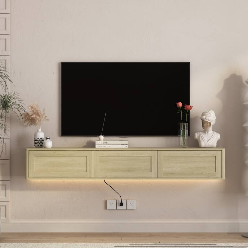 Wall Mounted TV Stand, High Gloss Floating TV Stand with LED Lights & Power Outlet - Oak