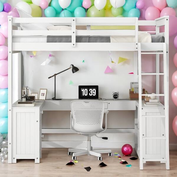 slide 2 of 34, Full Size Loft Bed with U-shaped Desk,Drawers and Storage Shelves and Sturdy Wood Frame for Bedroom White