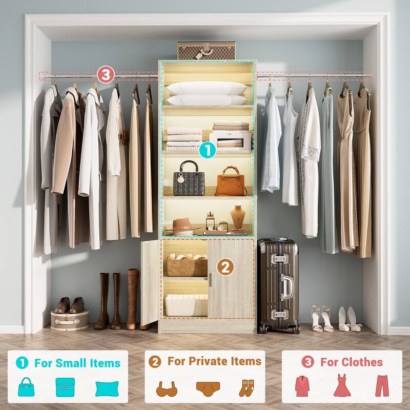 Rackcog 25'' - 104'' W Closet Organizer with Expandable Hanging Rods, Cabinet, Adjustable Shelves