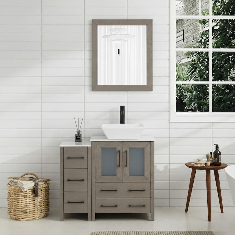 Vanity Art 36" Single Sink Bathroom Vanity Set with Engineered Marble Top and Free Mirror - 36 W X 18.5 D X 31.1 H - Driftwood Gray
