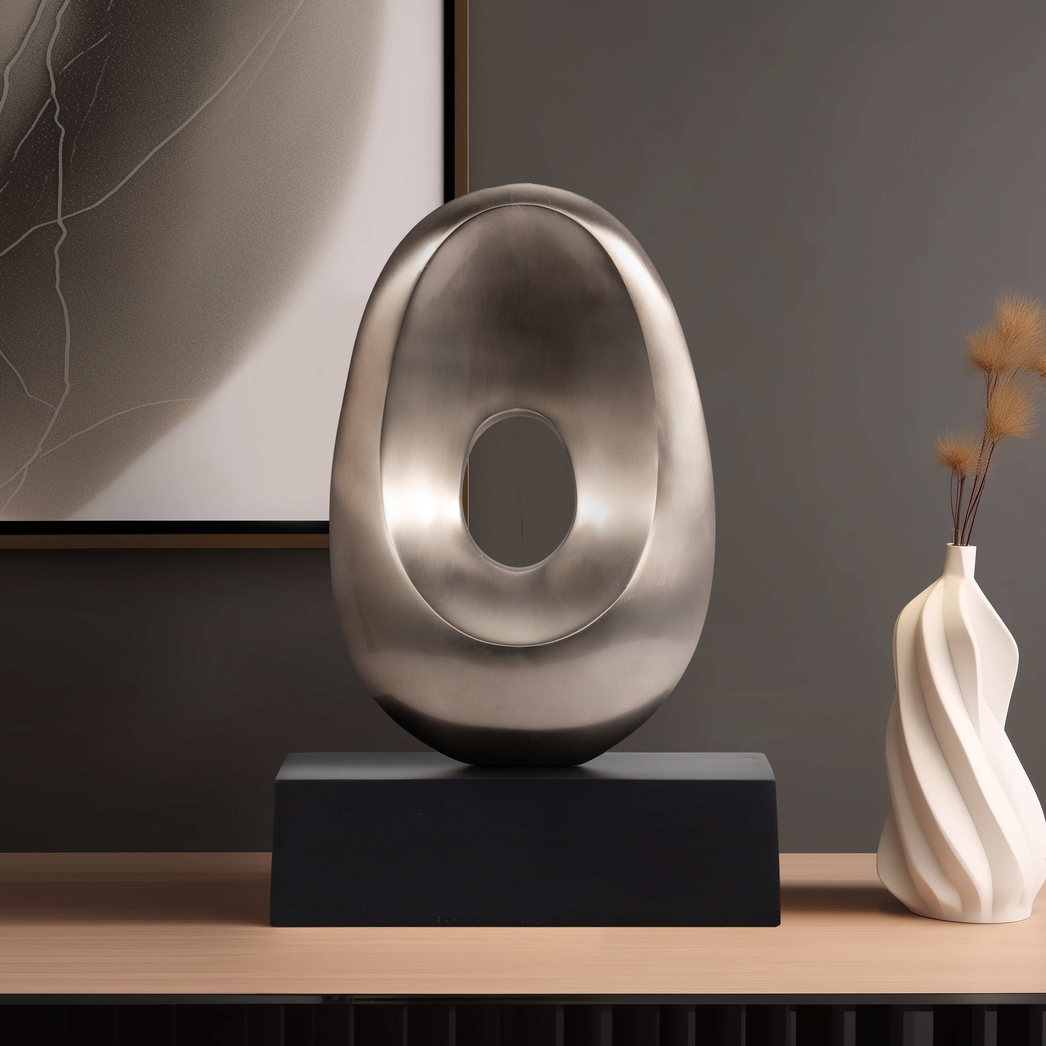 Sagebrook Home Modern Contemporary Metal Oval Shaped Sculpture,  Silver/Black - 12 x 4 x 18