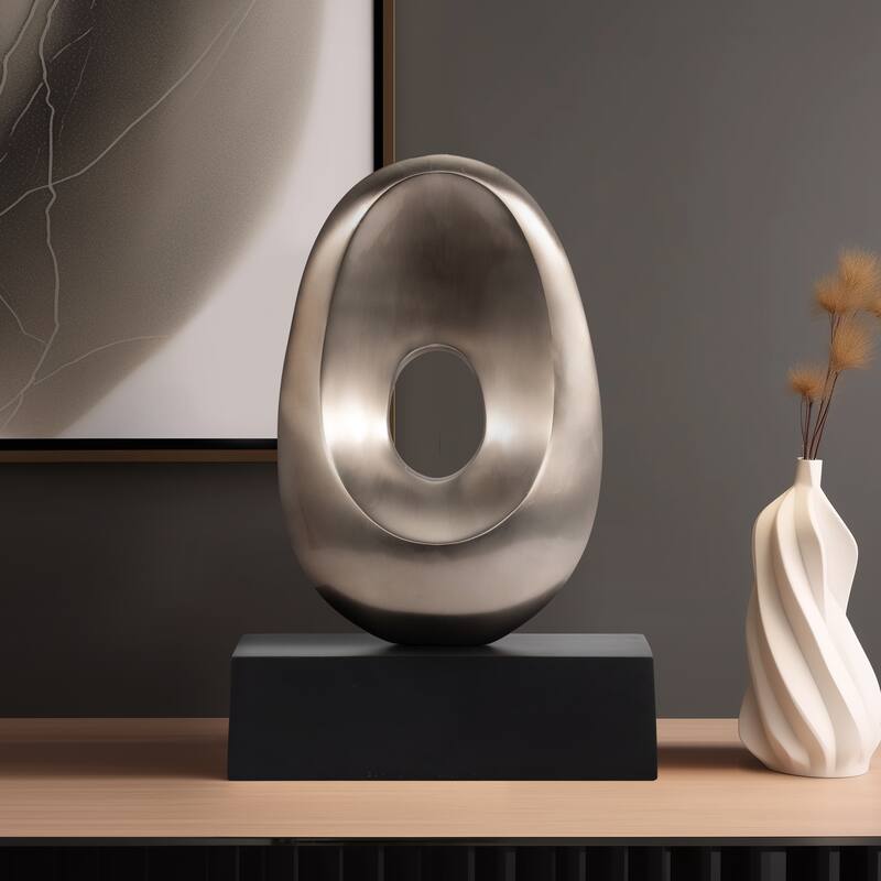 Sagebrook Home Modern Contemporary Metal Oval Shaped Sculpture, Silver/Black - 12" x 4" x 18" - 12" x 4" x 18" - Silver