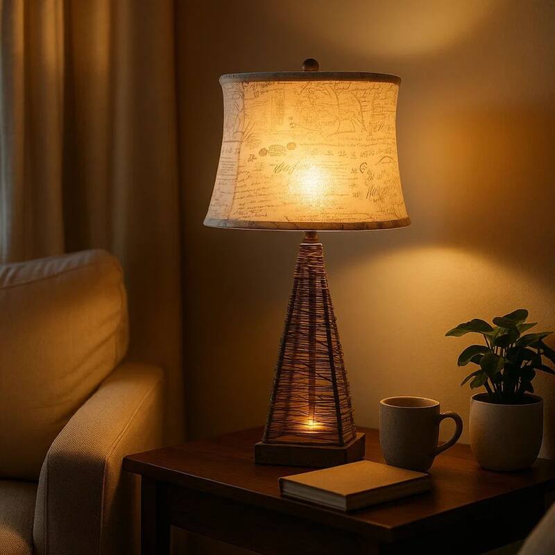 Metal Pyramid Base Table Lamp Set of 2 with Wire Design and Scripted Shade, Gray