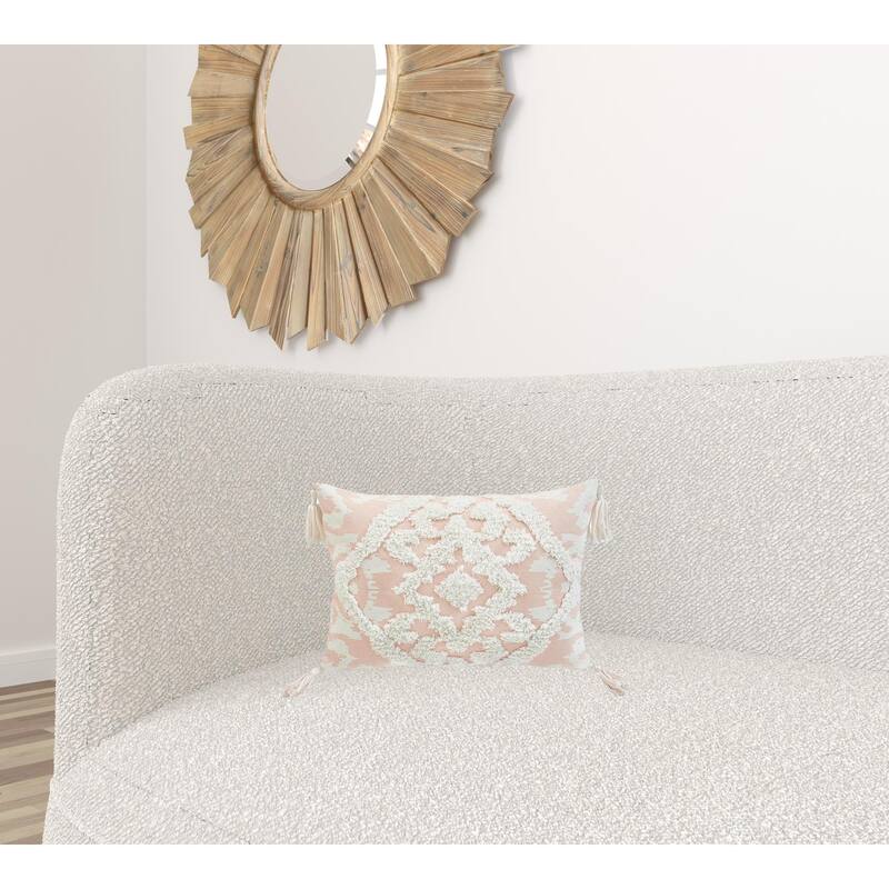 HomeRoots 13" X 18" Peach And White Damask Zippered Polyester And Cotton Blend Throw Pillow With Tassels