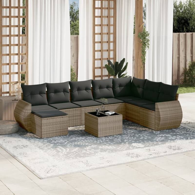 vidaXL Patio Sofa Set with Cushions Outdoor Conversation Furniture Poly Rattan - 21.7 x 21.7 x 14.6 - Gray with table