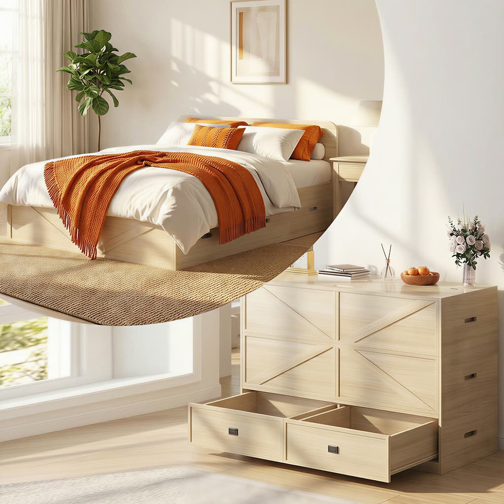 Mixoy Storage Murphy Bed Convertible Sofa Set, Full/Queen, Mattress Excluded