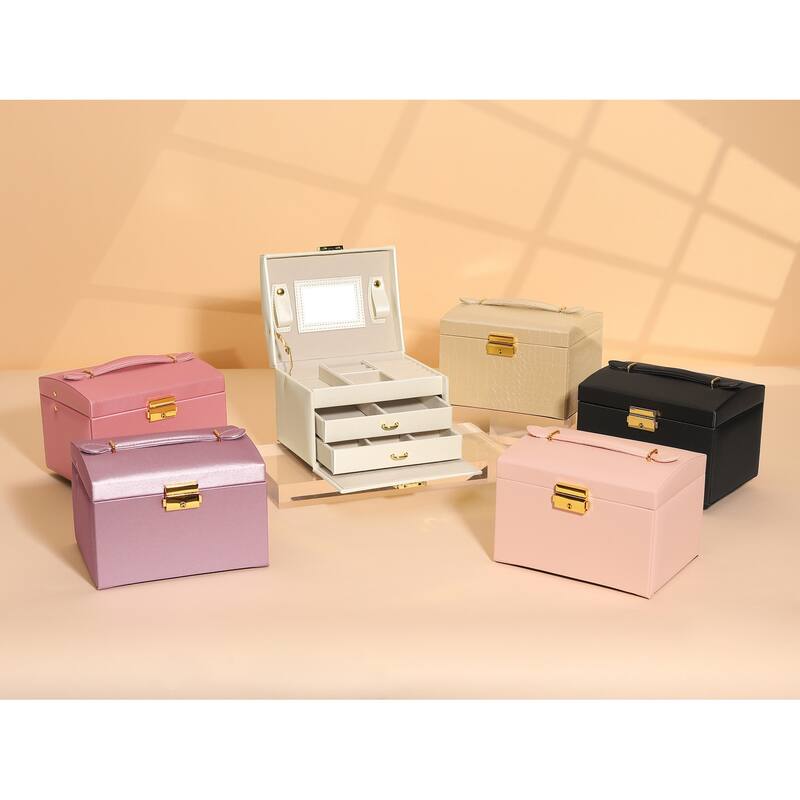 3 Layer Jewelry Box with Mirror for Women Girls Birthday Gifts, PU Leather Jewelry Organizer Storage Holder with Drawer